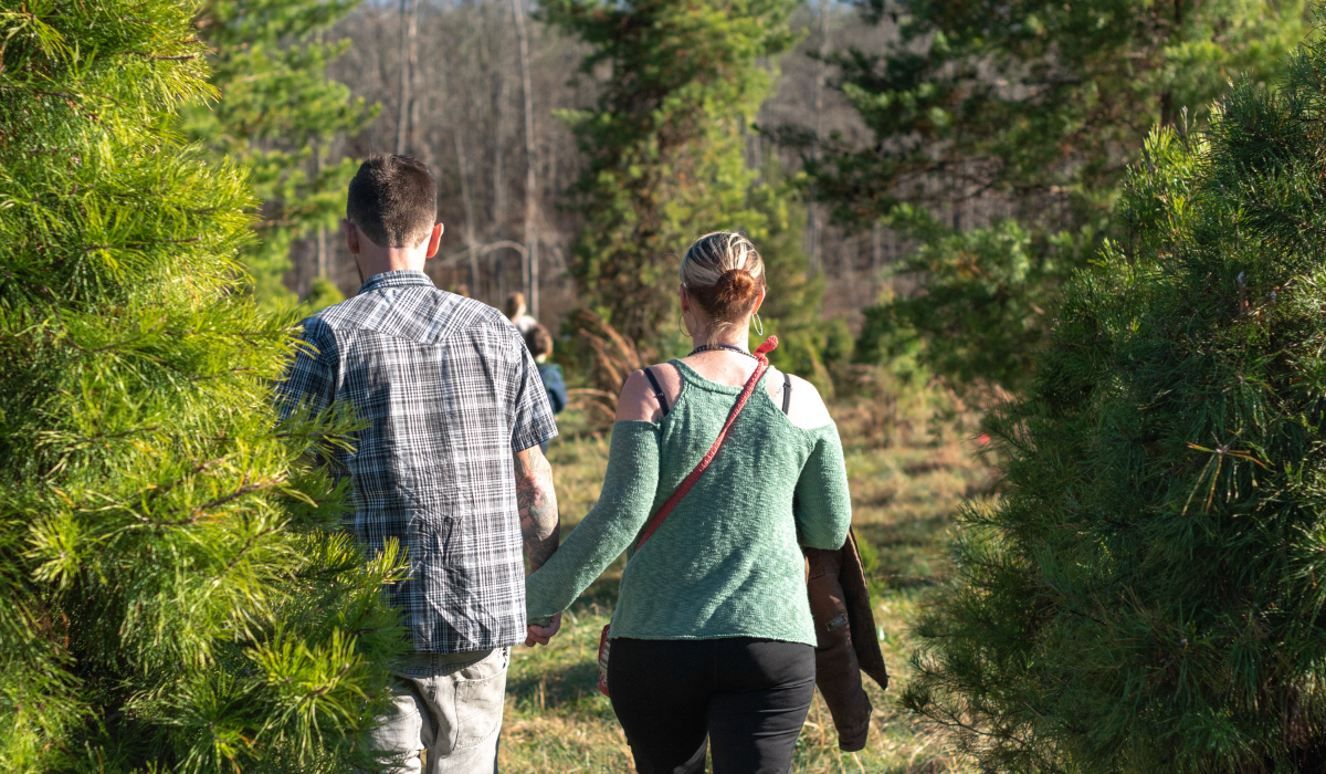 Couple walking through Erin's farm looking for Christmas tree.