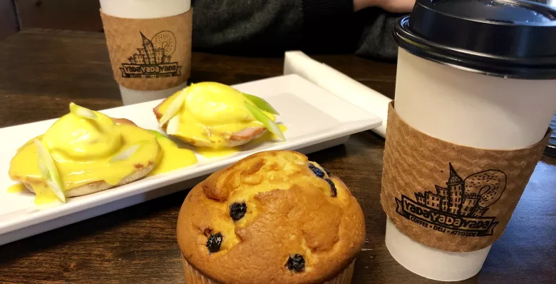 Eggs benedict and muffin at Yada Yada Yada Deli