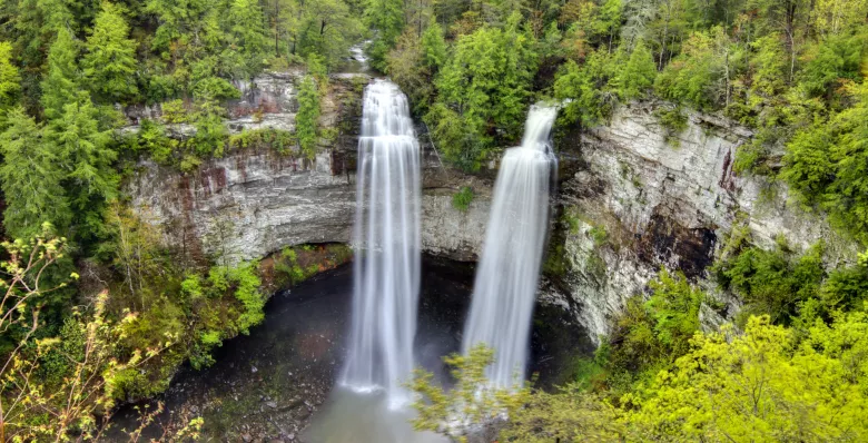 Fall Creek Falls water plunging to a pool of water below.