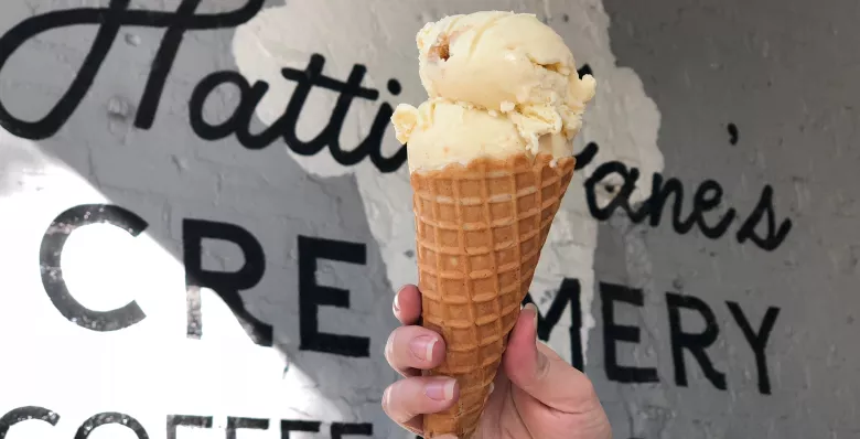 Fresh vanilla in a waffle cone, creamy as can be, Handmade here from local farms born in Tennessee, 1 scoop 2 scoop 3 scoop 4, Everyone always comes back for more. Written about Hattie Jane’s Creamery in Murfreesboro, Tennessee.