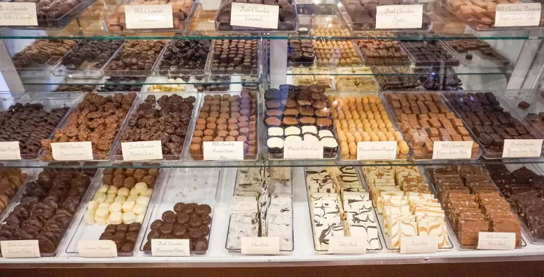 An array of chocolates at Knoxville Chocolate Company