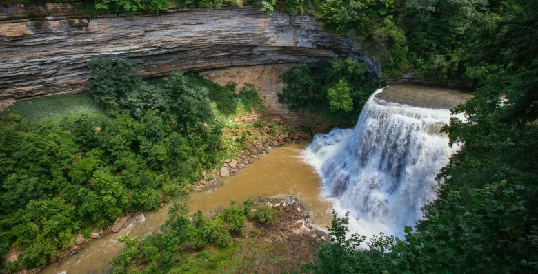The waterfall hiking trail takes you to an overlook where you can see Burgess Falls at Burgess Falls State Park in Sparta TN