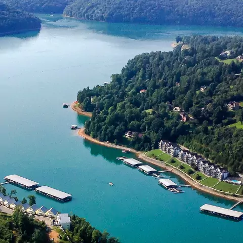 Aerial view of Norris Lake shoreline with condos.