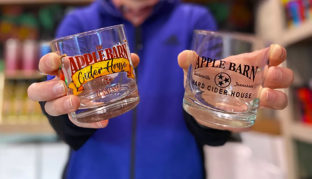 2 glasses with Apple Barn Cider House name on them