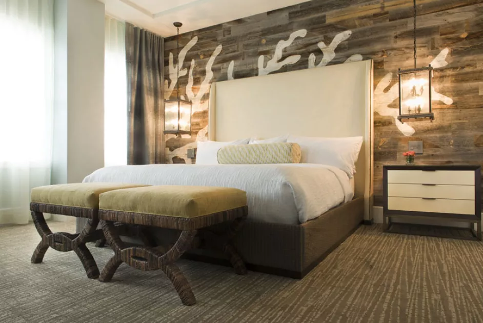 Penthouse Master Bedroom with Coral Stenciled Wall