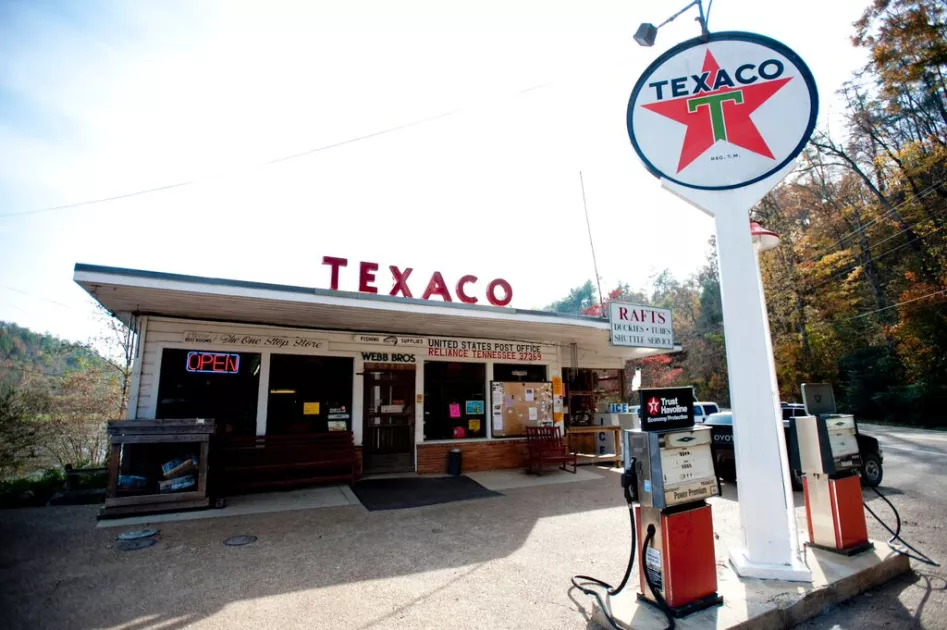 An old-fashioned Texaco gas pump in front of Webb's Store